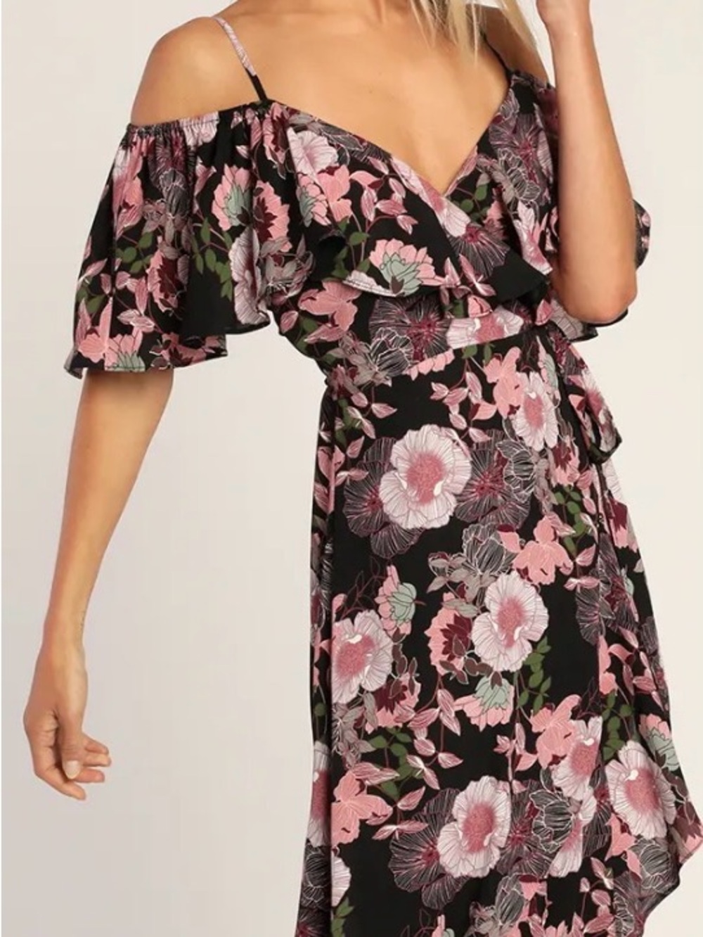 Lulus Fully Bloomed Floral Off Shoulder Maxi Wrap Dress Black M NWT
